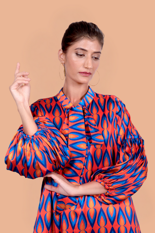 Orange blue drop print with tie up neck full length dress