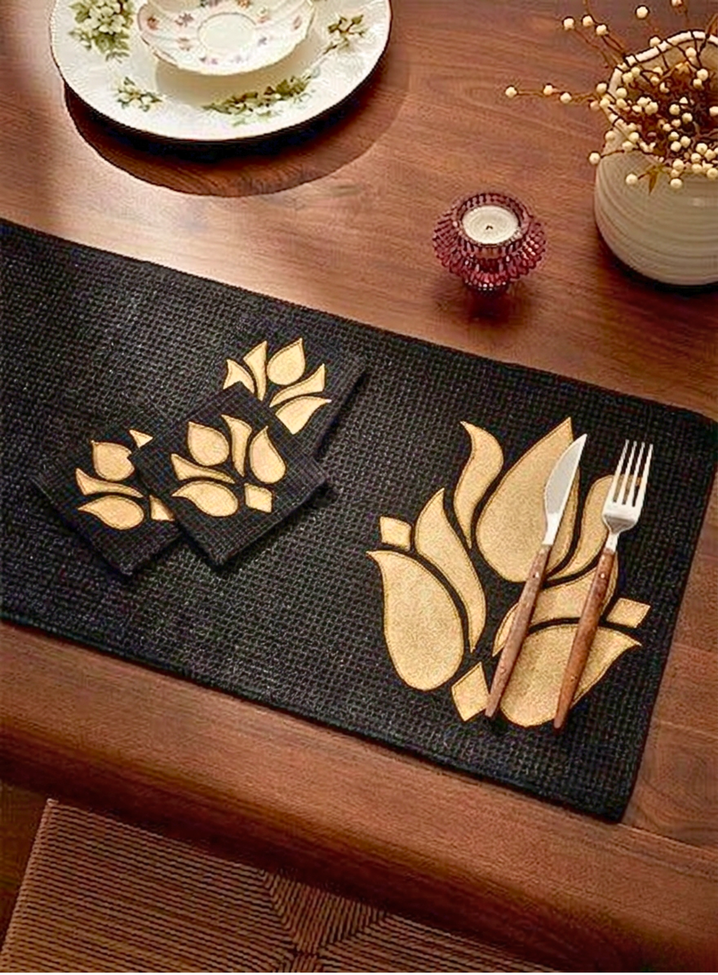 Midnight Lotus Appliqué Table Mat (Pack of 6) – Table Mat by Grandeur