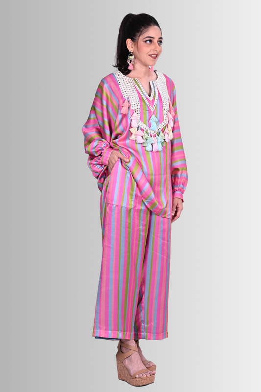 Colorful stripe co-ord set with embroidered yoke design