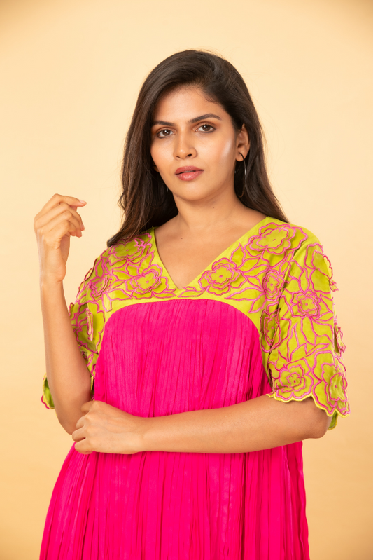 Neon pink gathered kurti with floral embroidery