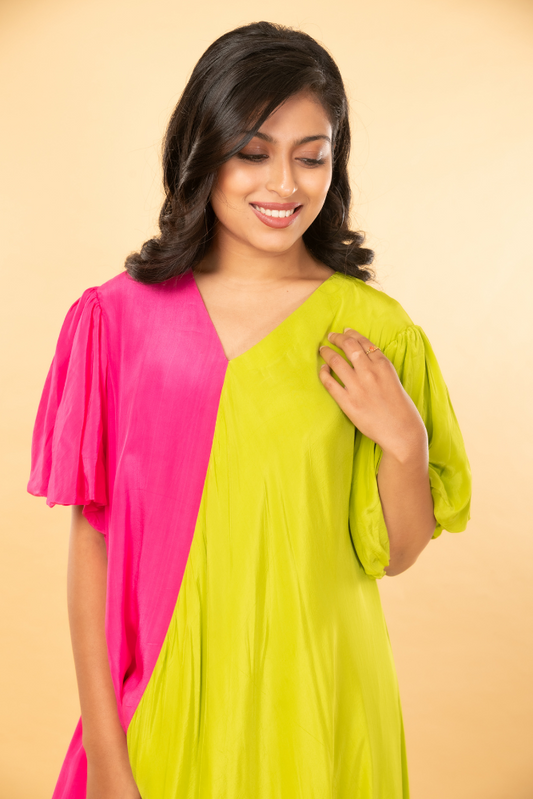 Pink and Green tunic with puff sleeves