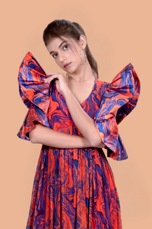 Orange blue marble print full length dress with 3D sleeves