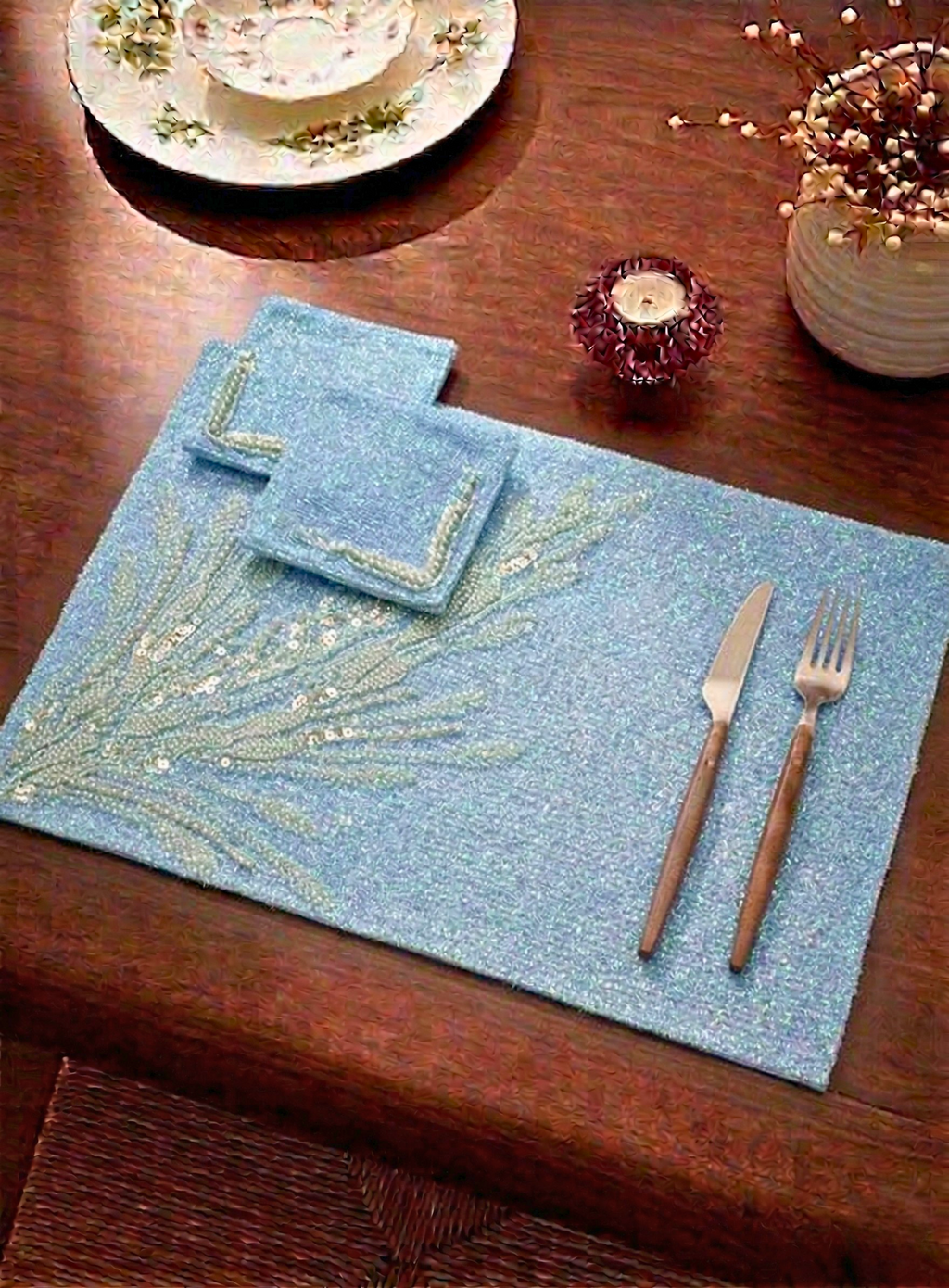 Celestial Azure Beaded Table Mat (Pack of 6) – Table Mat by Grandeur