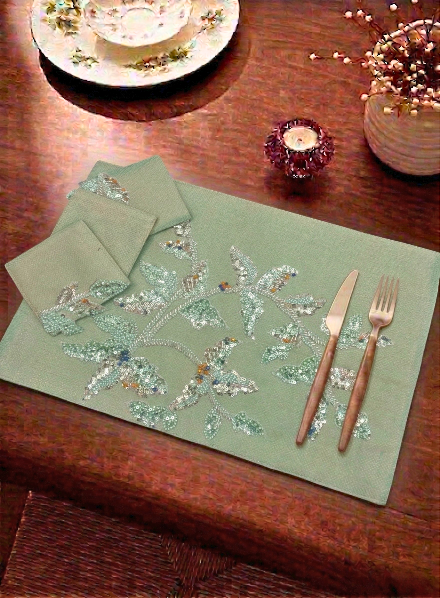 Sage Orchard Beaded Table Mat (Pack of 6) – Table Mat by Grandeur
