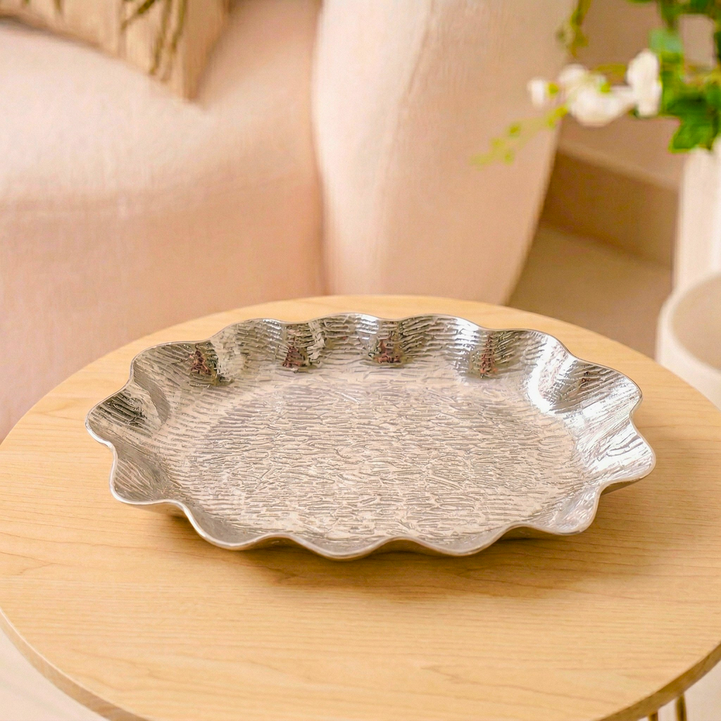 Silver Scalloped Bark Tray (Set of 2) – Decorative Tray by Grandeur