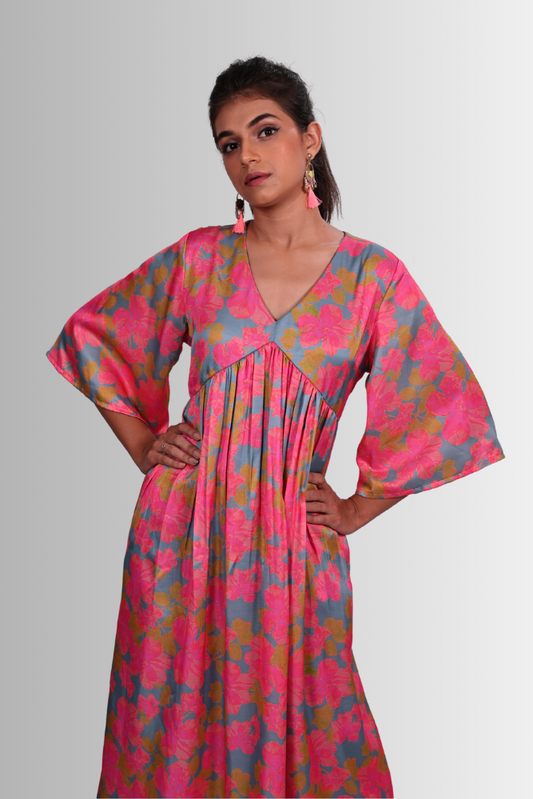 Pink floral V neck gathered kurta set