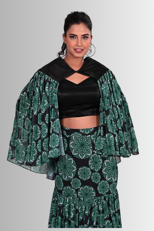 Black and green fish cut skirt and crop top with cape