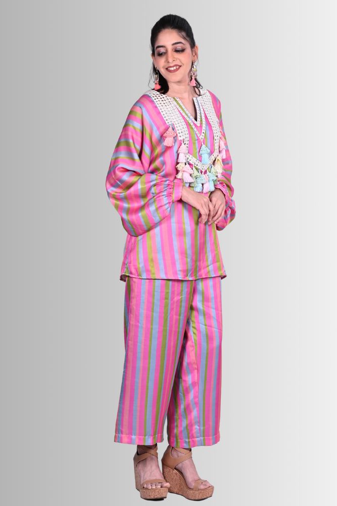 Colorful stripe co-ord set with embroidered yoke design