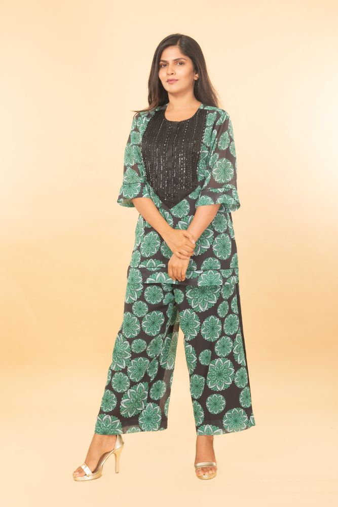 Green co-ord set with handwork yoke design