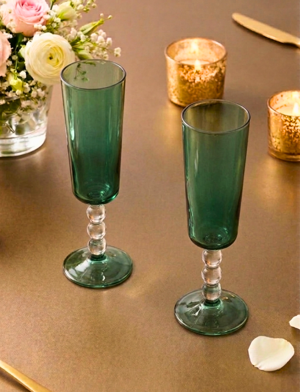 Emerald Beaded Glass Flutes (Pack of 6) – Glassware by Grandeur