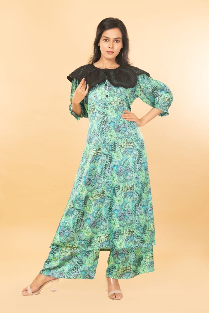 Green printed co-ord set with cut work collar