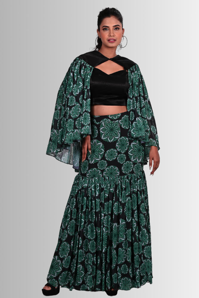 Black and green fish cut skirt and crop top with cape