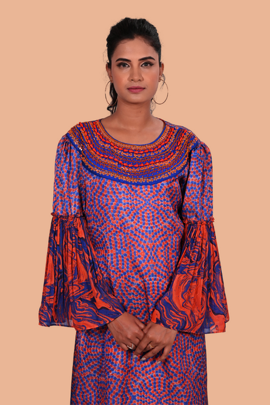 Blue and orange printed sharara set