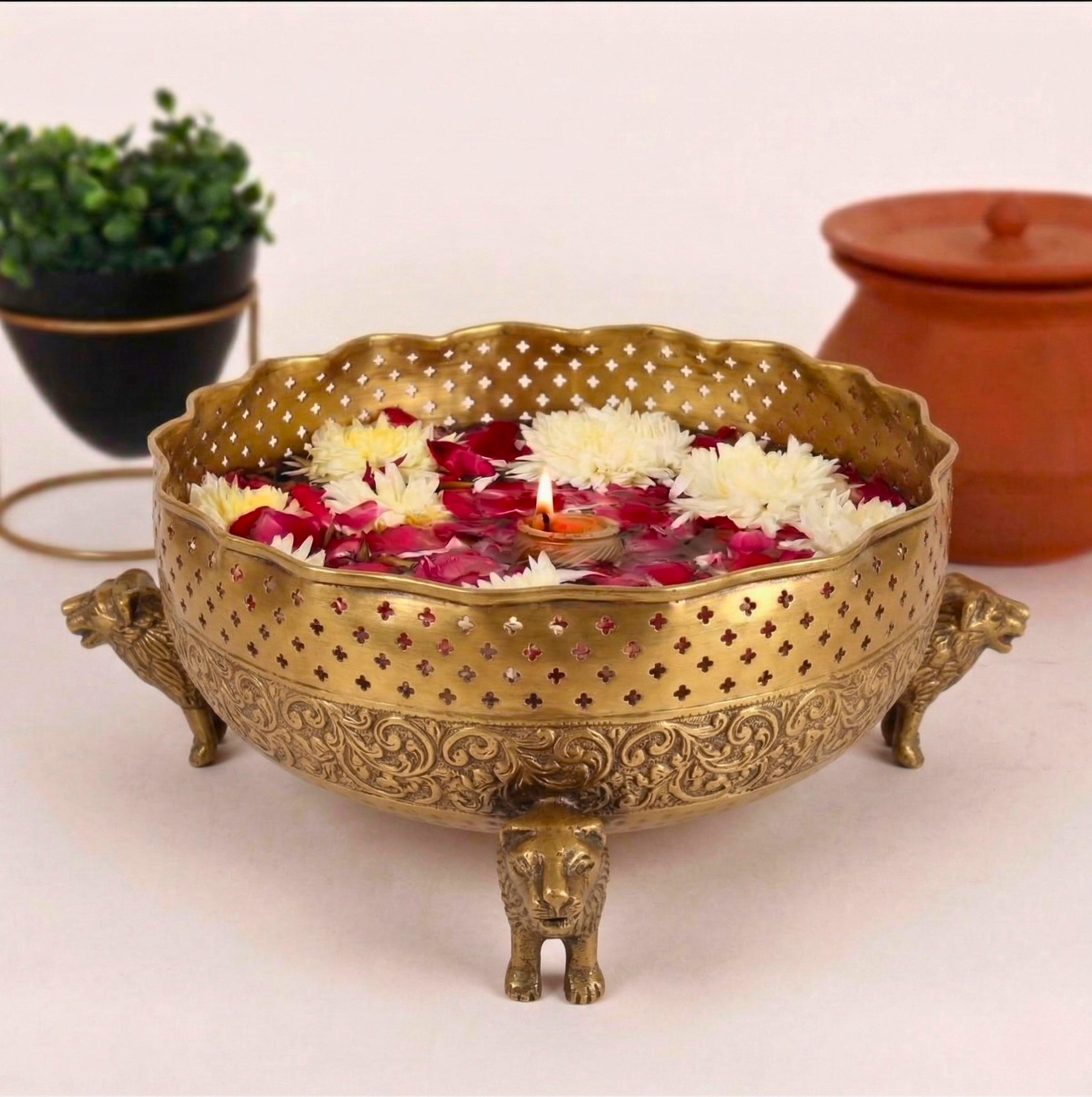 Lion-Head Filigree Urli – Decorative Urli by Grandeur