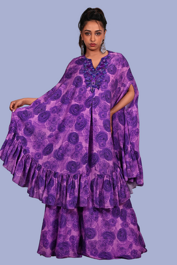 Purple cape style top with skirt set