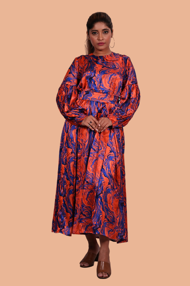 Orange blue marble print full length dress