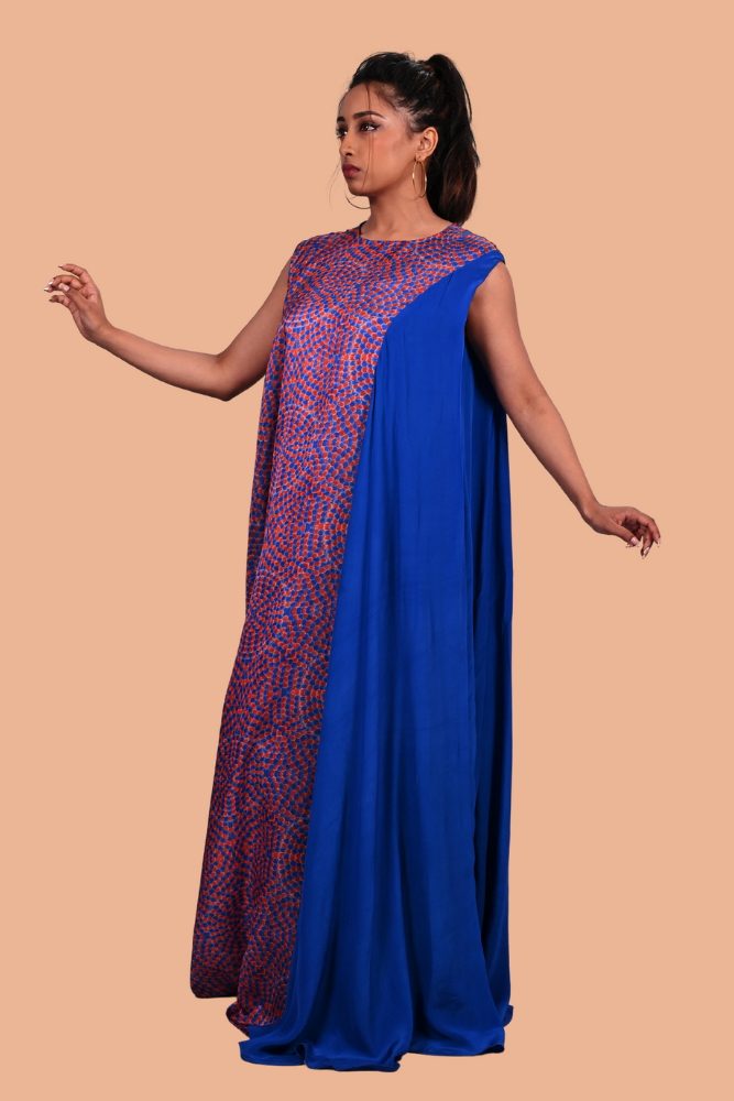 Orange blue print full length dress