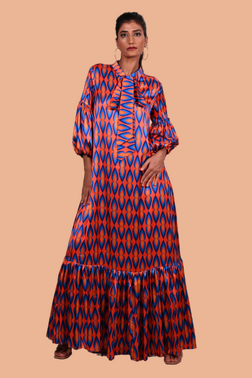 Orange blue drop print with tie up neck full length dress