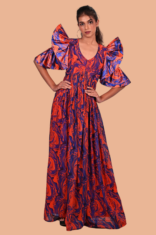 Orange blue marble print full length dress with 3D sleeves