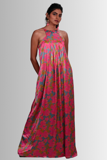 Floral halter neck full length dress