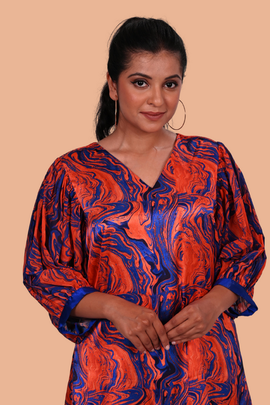 Orange and blue marble print with puff sleeves