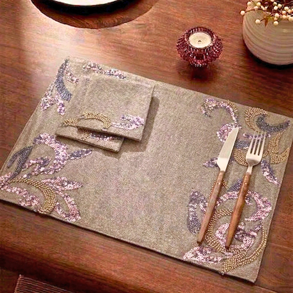 Artisanal Linen Sequin Table Mat (Pack of 6) – Table Mat by Grandeur