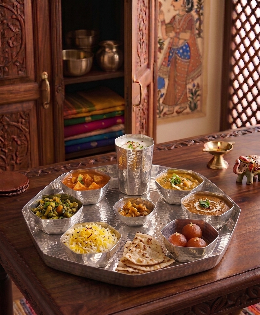 Silver Artisan Hammered Thali Set – Thali Set by Grandeur