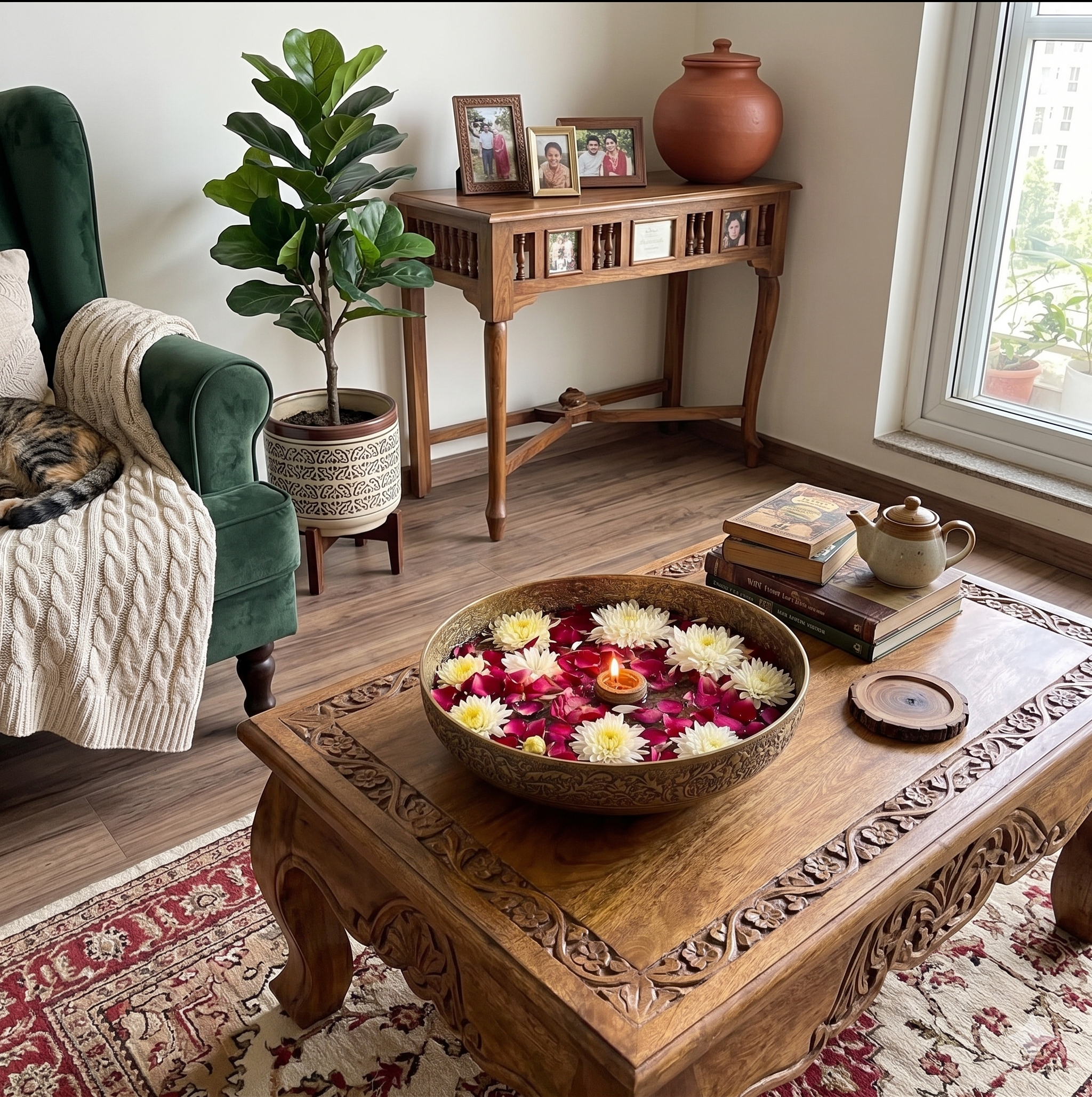 Floral Relief Heritage Urli – Decorative Urli by Grandeur