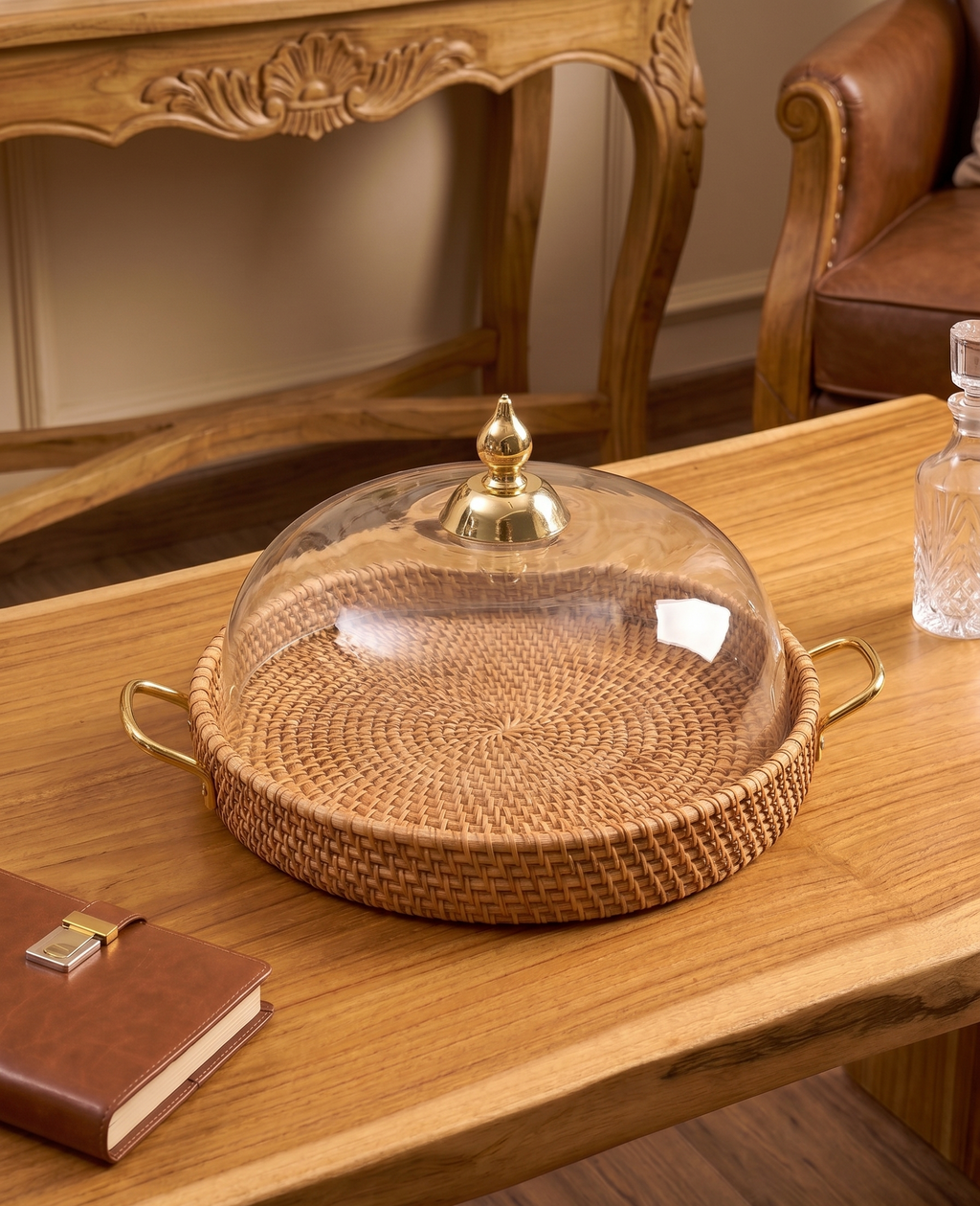 Artisan Rattan Cloche Tray – Decorative Tray by Grandeur