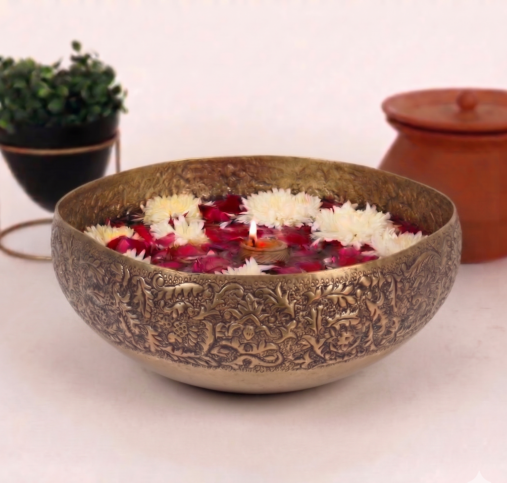 Floral Relief Heritage Urli – Decorative Urli by Grandeur