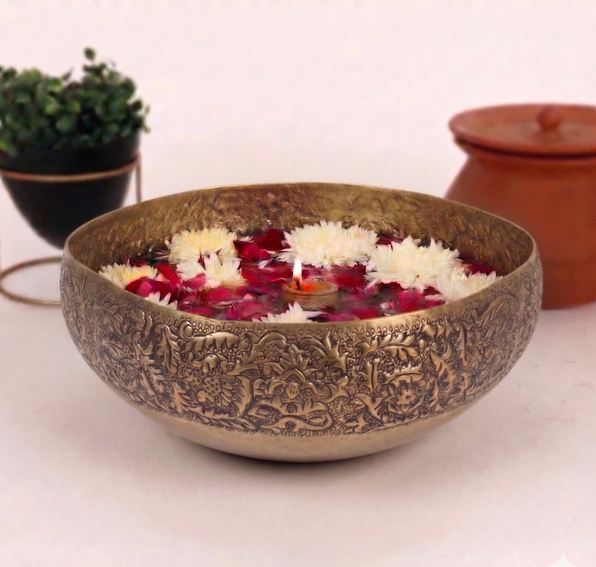 Floral Relief Heritage Urli – Decorative Urli by Grandeur