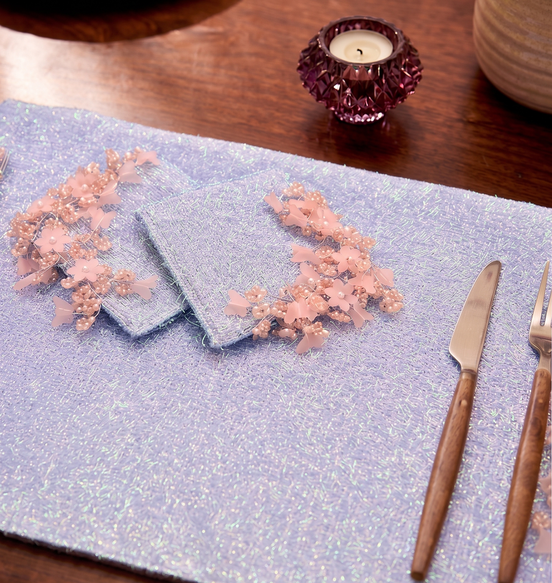 Icy Blue Blossom Beaded Table Mat (Pack of 6) – Table Mat by Grandeur
