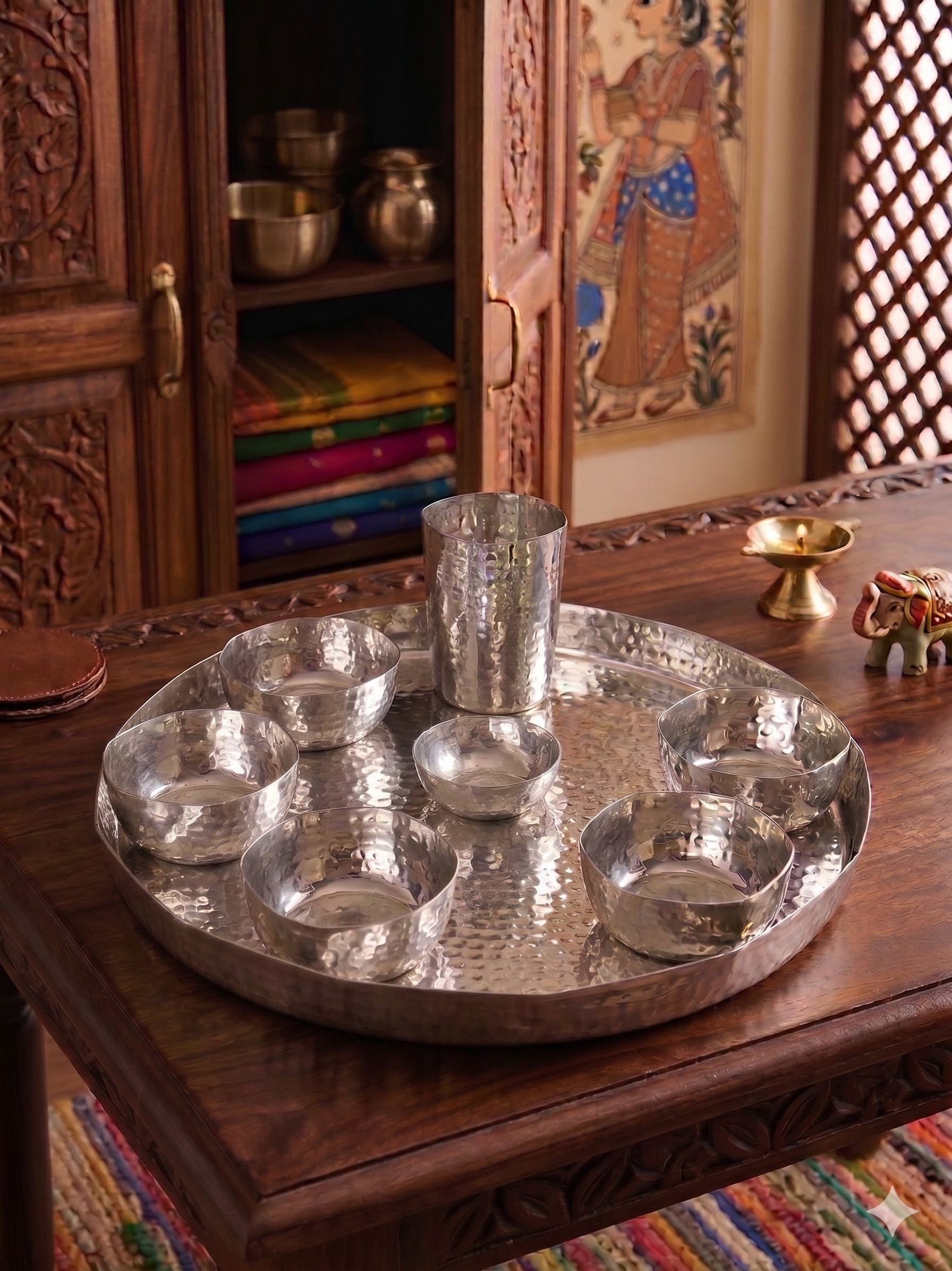 Silver Artisan Hammered Thali Set – Thali Set by Grandeur