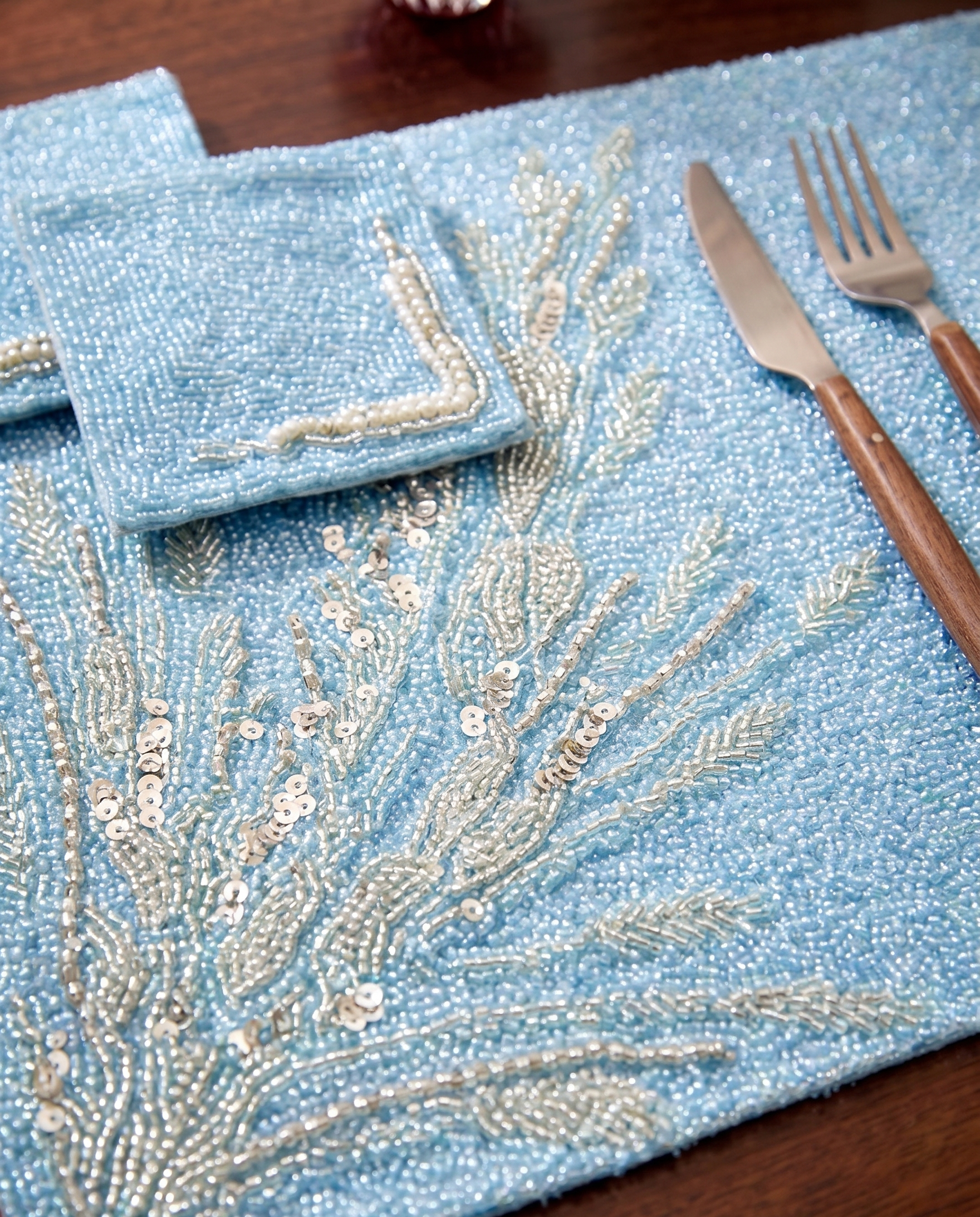Celestial Azure Beaded Table Mat (Pack of 6) – Table Mat by Grandeur