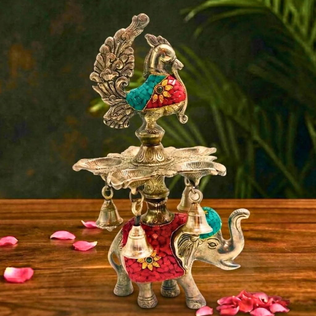 Imperial Elephant & Peacock Mosaic Diya – Decorative Diya by Grandeur