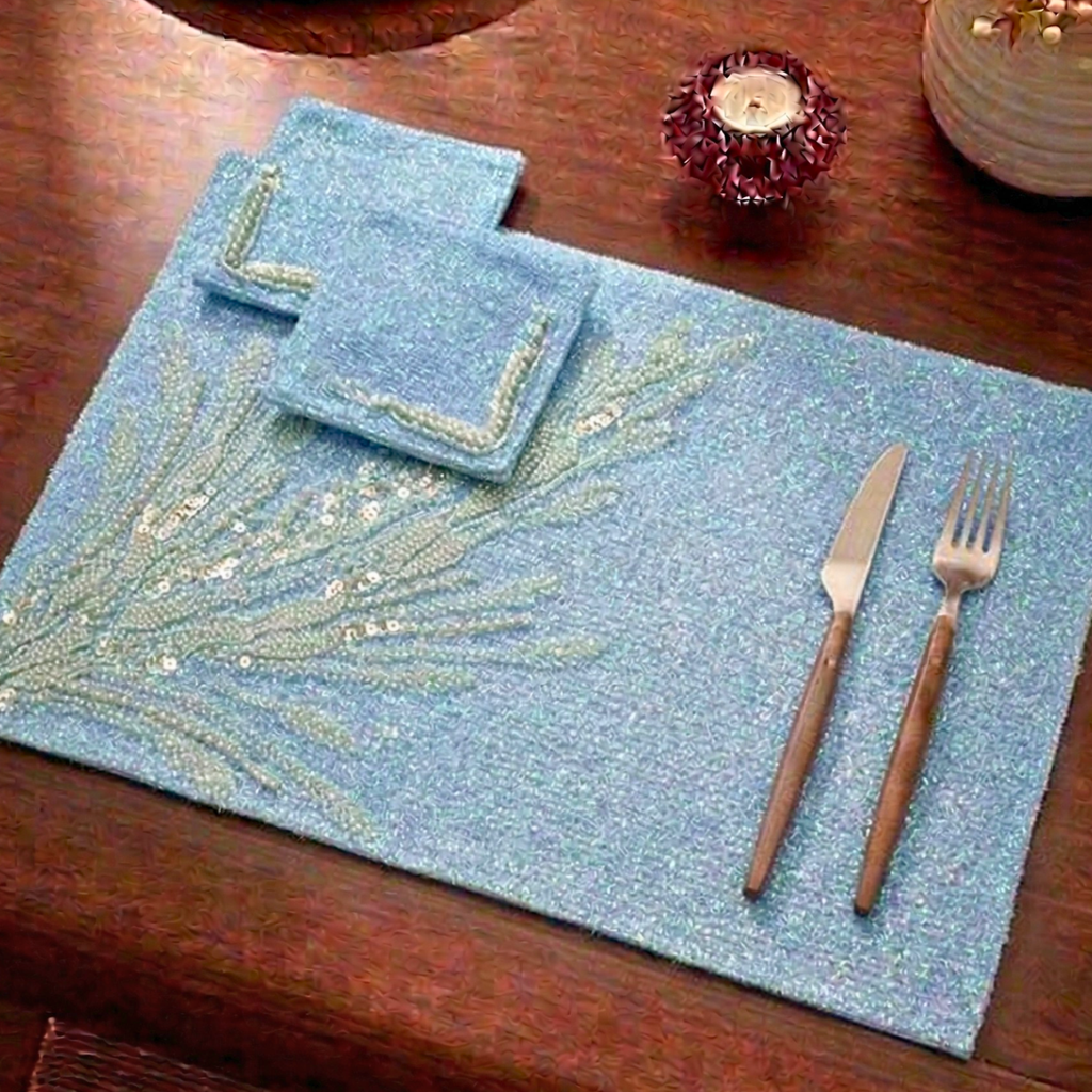 Celestial Azure Beaded Table Mat (Pack of 6) – Table Mat by Grandeur