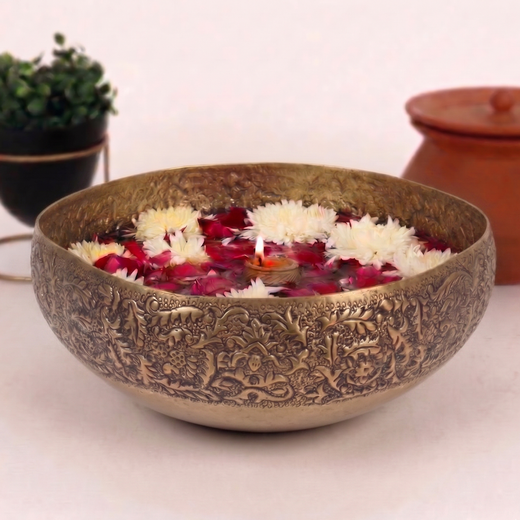 Floral Relief Heritage Urli – Decorative Urli by Grandeur