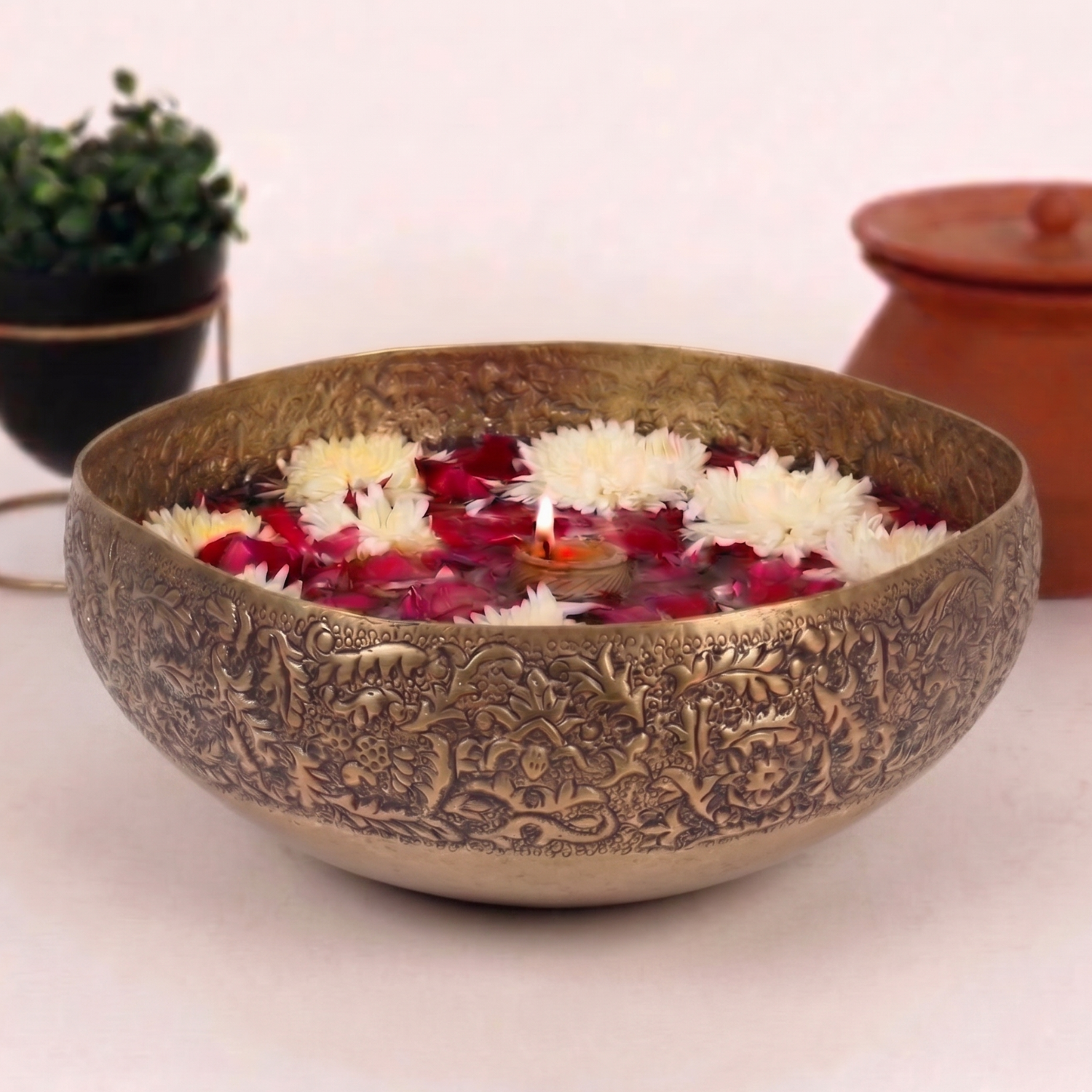 Floral Relief Heritage Urli – Decorative Urli by Grandeur