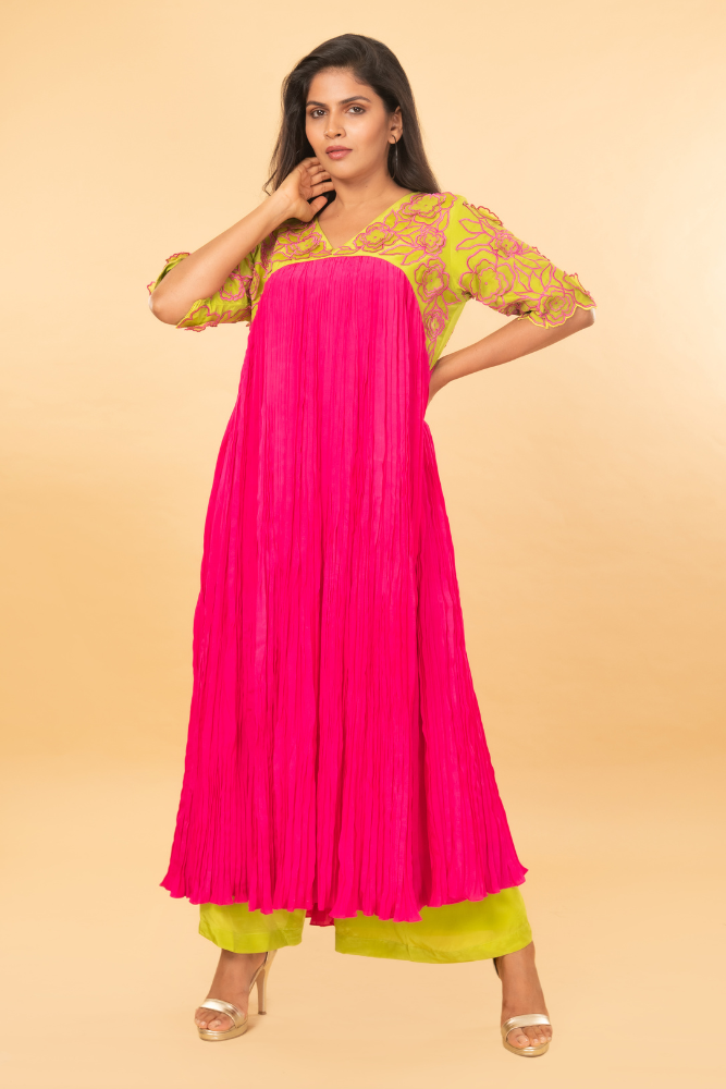 Neon pink gathered kurti with floral embroidery