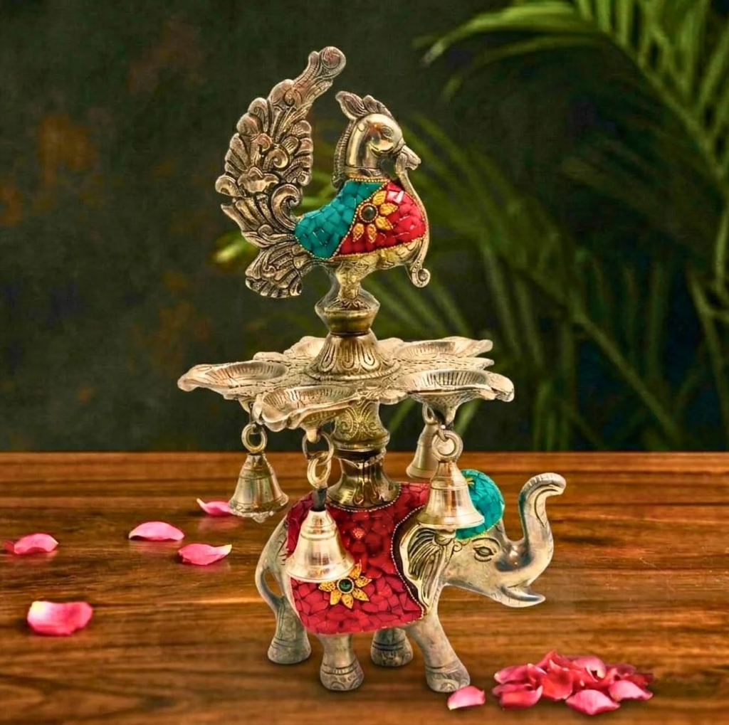 Imperial Elephant & Peacock Mosaic Diya – Decorative Diya by Grandeur