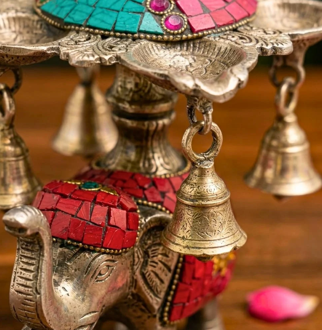 Imperial Elephant & Peacock Mosaic Diya – Decorative Diya by Grandeur