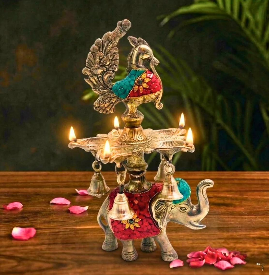 Imperial Elephant & Peacock Mosaic Diya – Decorative Diya by Grandeur