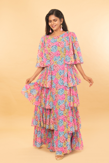 Floral side ruffle full length dress