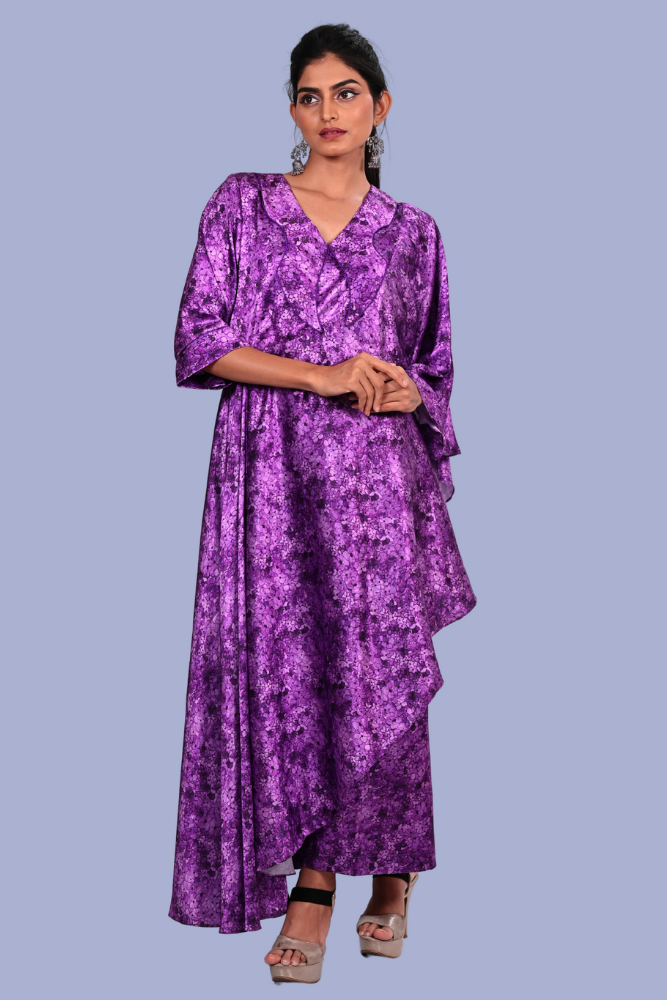 Purple side high low co-ord set with flap collar