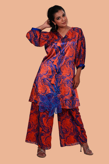 Orange and blue marble print with puff sleeves