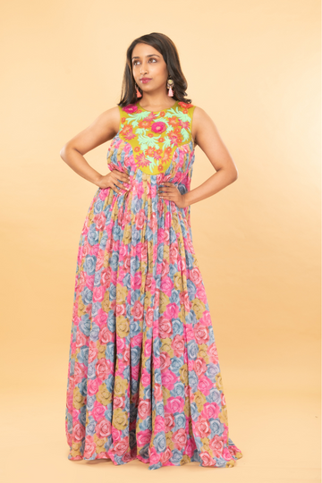 Floral gathered full length dress with embroidered yoke design