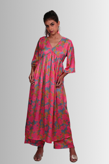 Pink floral V neck gathered kurta set