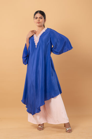 Royal Blue Pearl Embroidered Kaftan with Pastel Pink Pants