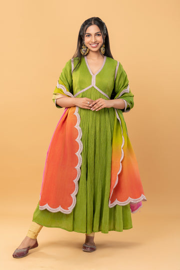 Anarkali Fabric: Soft Tissue Zari Fabric With Dyed Ombre Shades and Fancy Border Setting