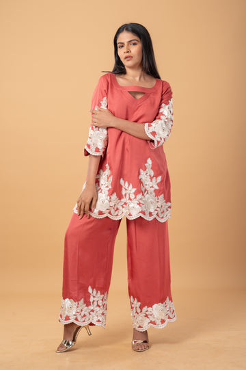 Peach Blossom co-ord Set with White Embroidery